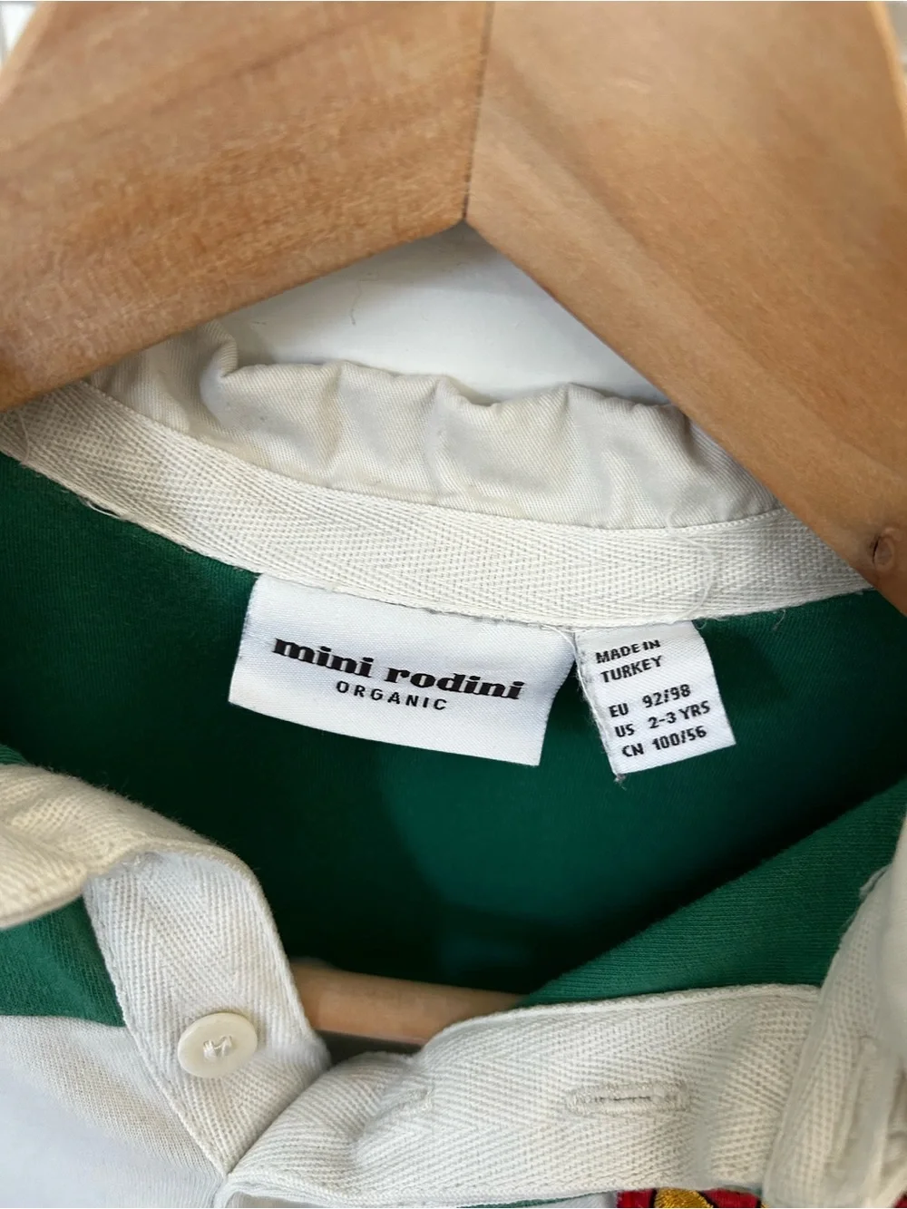 Mini Rodini organic size 2-3 years green white stripes rugby top flower patch